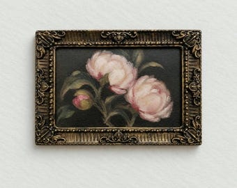Original Peony Oil Painting, Vintage Floral Art, Ornate Antique-Style Frame