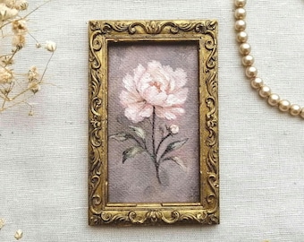 Original Peony Flower Painting, Antique Floral Wall Art, Mini Framed Cottagecore Decor
