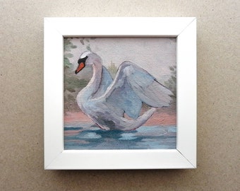 Swan Painting Original Art, Miniature Painting 4x4, White Swan Artwork on Canvas, Tiny Painting, Pastel Home Decor Animal Wall Art, Bird Art