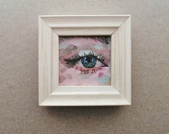 Blue eye painting 2'x2 Original lover's Eye portrait painting  Pastel colors Beautiful Girl's Eye artwork blue and pink, Tiny painting