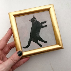 Peinture à l'huile originale de chat noir, petite peinture, encadrée, cadeau pour les amoureux des chats