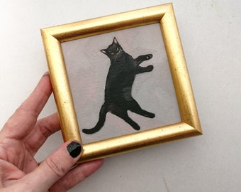 Peinture à l'huile originale de chat noir, petite peinture, encadrée, cadeau pour les amoureux des chats