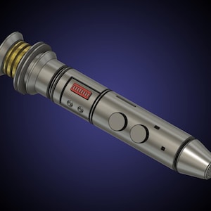 May include: A metallic silver lightsaber with gold accents and a red rectangular panel. The hilt features two circular buttons and a conical tip. The design is set against a dark blue gradient background.