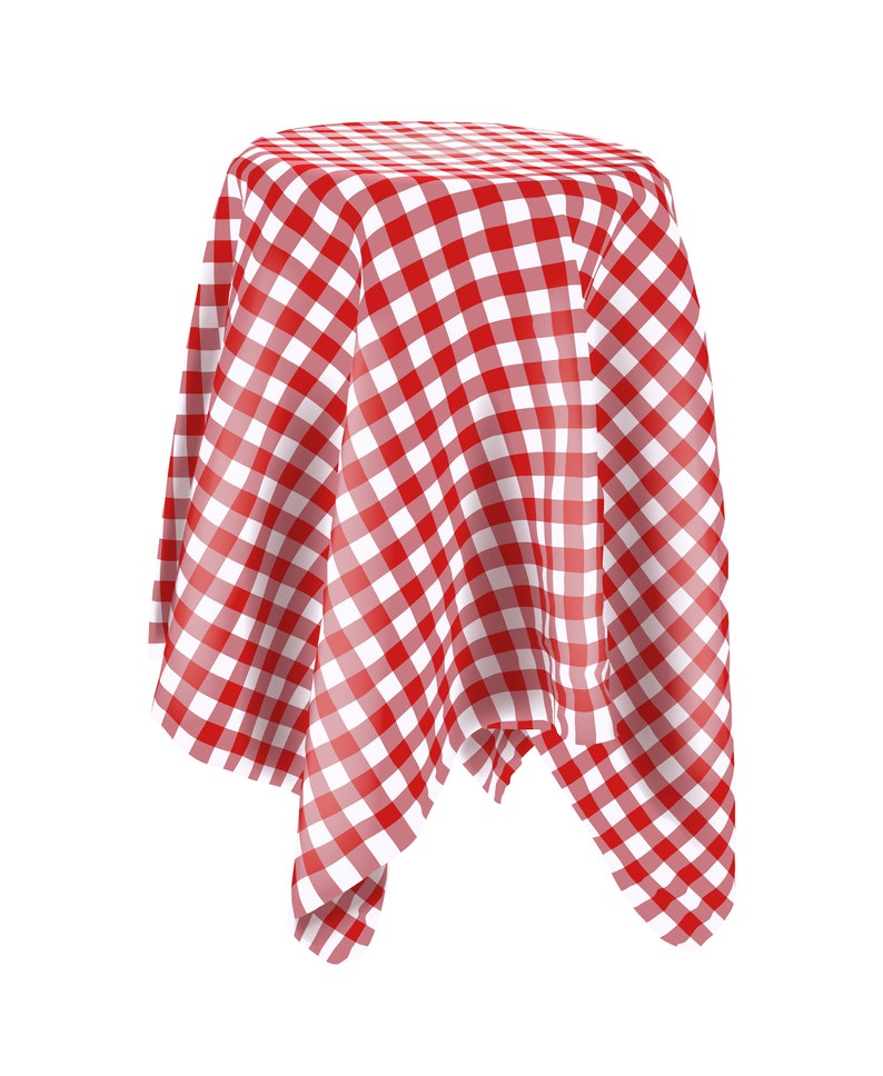 May include: Red and white checkered tablecloth draped over a table. The tablecloth is made of a soft, woven fabric and has a classic gingham pattern.