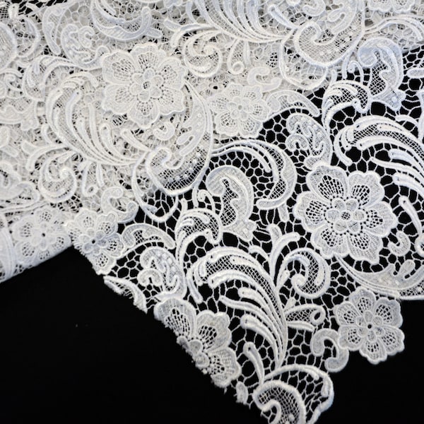 White Guipure Lace | Heavy Double Scalloped Lace | White Wedding Dress Lace | White Fancy Lace | Evening Gown Lace | 3D Flower Lace Fabric |