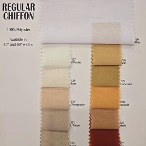 K&ouml;nnte beinhalten: Farbkarte mit 12 verschiedenen Farben von normalem Chiffon-Stoff. Die Farben sind: Wei&szlig;, Cremewei&szlig;, Elfenbein, Champagner, Hellbraun, Sand, Braun, Gold, Dunkelgold, Sonnenblond, Khaki und Rost. Der Stoff ist 100% Polyester und in den Breiten 45" und 60" erh&auml;ltlich.