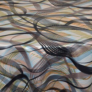 May include: Abstract patterned fabric with black, brown, blue, and orange wavy lines on a white background.