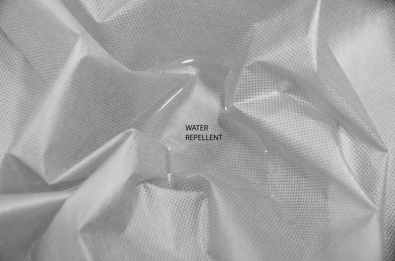 May include: A close-up of a white fabric with a fine grid pattern. A drop of water sits on the fabric, demonstrating its water-repellent properties. The text "WATER REPELLENT" is printed below the water drop.