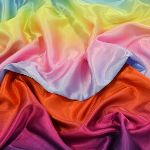 Multi Color Rainbow Satin Fabric | Rainbow Charmeuse Fabric | Ombre Satin Fabric | 60" Wide | Silky Soft Satin in a Rainbow color wave |