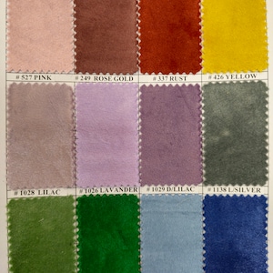 May include: A colour chart of fabric swatches with different colours and numbers. The colours include pink, rose gold, rust, yellow, lilac, lavender, light lilac, light silver, sage, flag green, coppen, and steel blue.