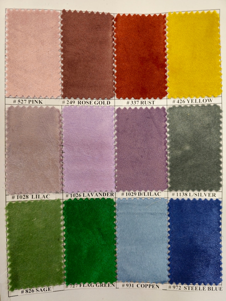 May include: A colour chart of fabric swatches with different colours and numbers. The colours include pink, rose gold, rust, yellow, lilac, lavender, light lilac, light silver, sage, flag green, coppen, and steel blue.