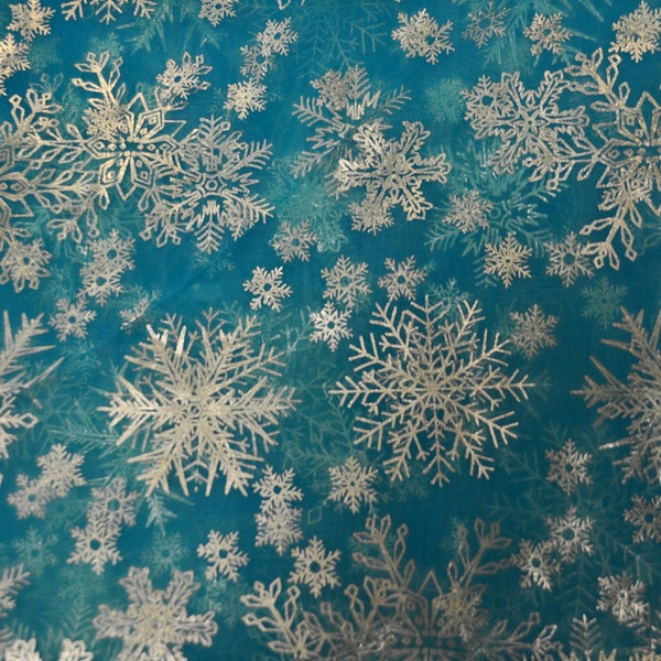 Turquoise Blue Snowflake Organza | Cosplay Fabric | Dress Fabric | Available by the Continuous Yard x 57" Wide |