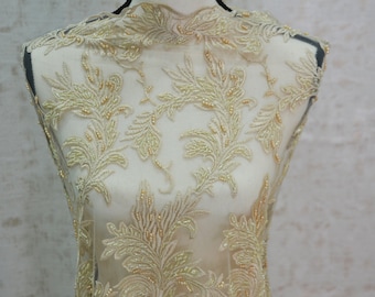 Champagne Beaded Bridal Lace Fabric | Beaded Lace Fabric | Beaded Lace Wedding Dress | Beaded Peal Lace | Sold by the 3 Panels about 34" |
