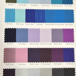 Puede incluir: Una carta de colores de muestras de tela con n&uacute;meros y nombres para cada color. Los colores incluyen oliva, azul, aguamarina, turquesa, azul marino, lavanda, lila, orqu&iacute;dea, violeta, ciruela, berenjena, berenjena, morado, plata, gris y negro.