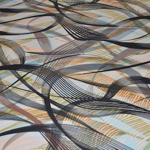 May include: Abstract pattern with black, brown, green, and blue wavy lines on a white background.