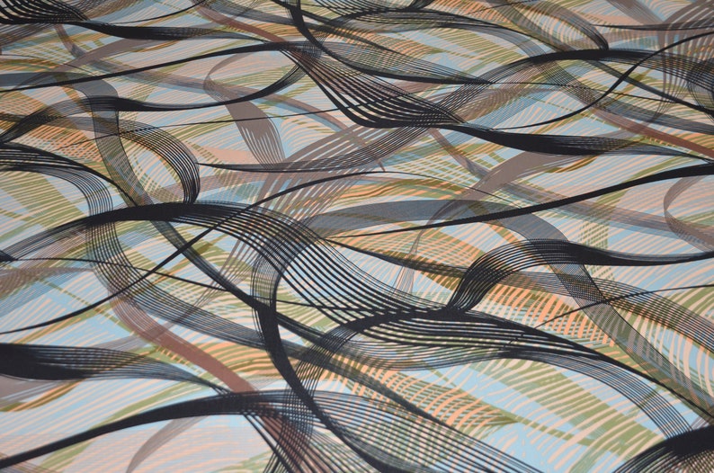 May include: Abstract pattern with black, brown, green, and blue wavy lines on a white background.