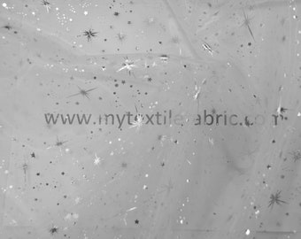 Star Foil Organza Fabric by the Yard x 60" Wide | Sheer Organza with Foil Silver Metallic Star | Overlays, Bags, Dresses, Apparel |