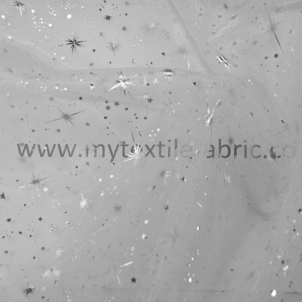 Star Foil Organza Fabric by the Yard x 60" Wide | Sheer Organza with Foil Silver Metallic Star | Overlays, Bags, Dresses, Apparel |