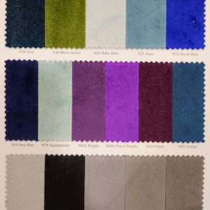 May include: Swatch card displaying 15 different fabric colours. The colours are teal, moss green, baby blue, aqua, royal blue, navy blue, aquamarine, purple, Pucci purple, plum, indigo, silver, black, grey, platinum, and charcoal.