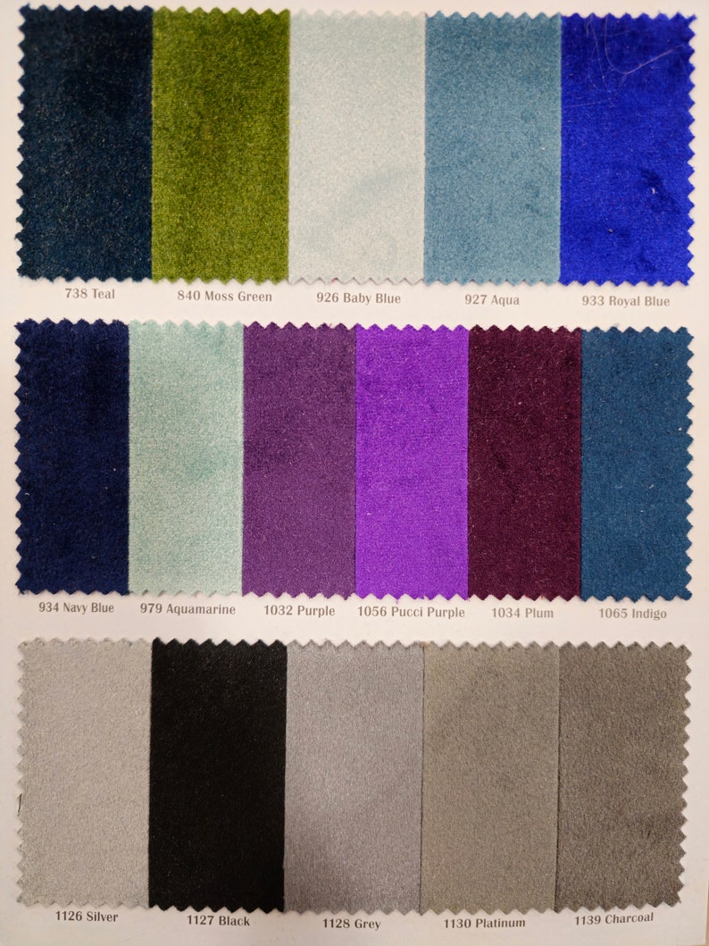 May include: Swatch card displaying 15 different fabric colours. The colours are teal, moss green, baby blue, aqua, royal blue, navy blue, aquamarine, purple, Pucci purple, plum, indigo, silver, black, grey, platinum, and charcoal.