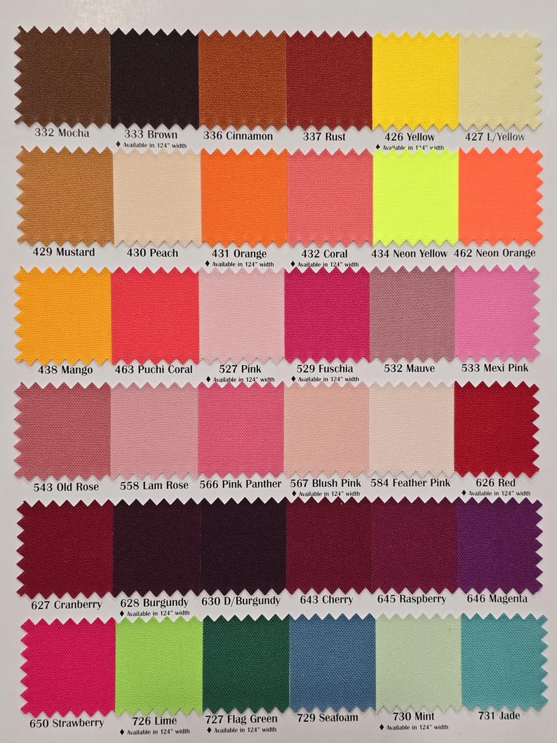 Puede incluir: Una carta de colores de muestras de tela con una variedad de colores, incluyendo rojo, rosa, naranja, amarillo, verde, azul y morado. Las muestras est&aacute;n etiquetadas con n&uacute;meros y nombres, como "Mocha", "Brown", "Cinnamon", "Rust", "Yellow", "L/Yellow", "Mustard", "Peach", "Orange", "Coral", "Neon Yellow", "Neon Orange", "Mango", "Puchi Coral", "Pink", "Fuschia", "Mauve", "Mexi Pink", "Old Rose", "Lam Rose", "Pink Panther", "Blush Pink", "Feather Pink", "Red", "Cranberry", "Burgundy", "D/Burgundy", "Cherry", "Raspberry", "Magenta", "Strawberry", "Lime", "Flag Green", "Seafoam", "Mint", y "Jade".