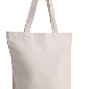 May include: A plain white canvas tote bag with two handles. The bag is made of a sturdy fabric and has a large capacity.