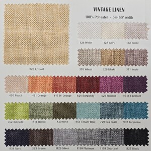 May include: A fabric swatch card labeled "VINTAGE LINEN" with various color samples. The card includes a large swatch of beige fabric and smaller swatches in colors like white, ivory, taupe, peach, orange, burgundy, and navy. The fabric is 58-60 inches wide.
