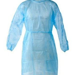 May include: A light blue disposable isolation gown with long sleeves and a tie at the waist.