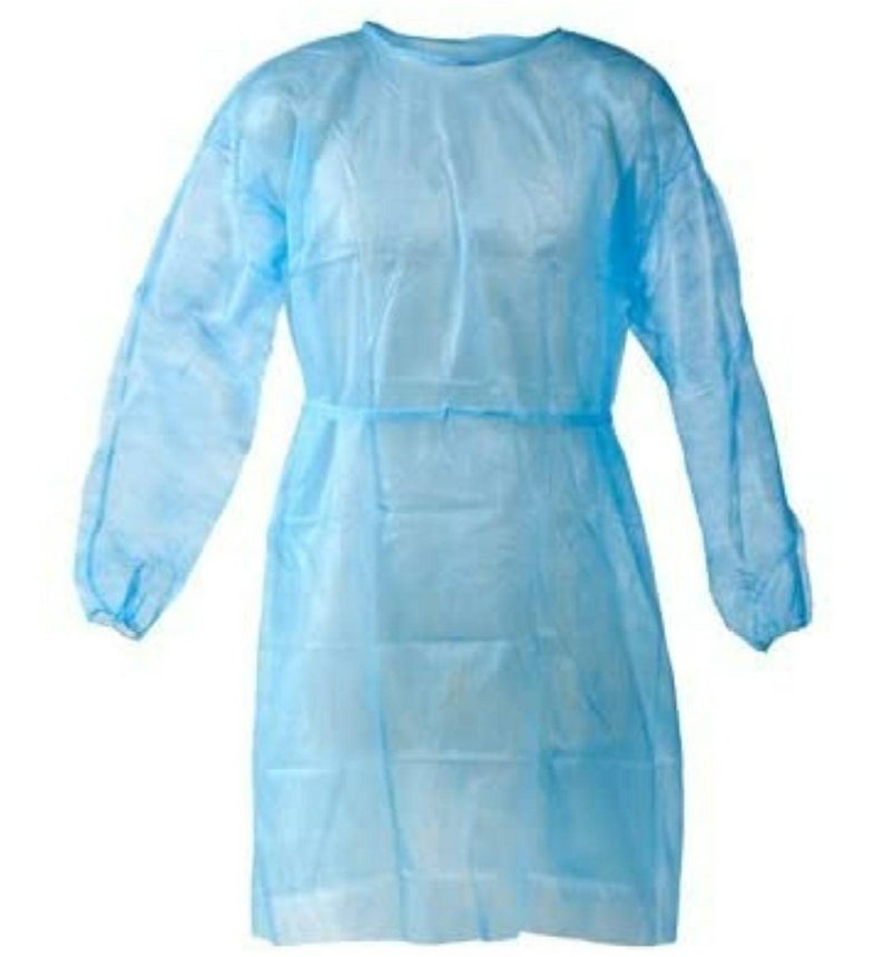 May include: A light blue disposable isolation gown with long sleeves and a tie at the waist.