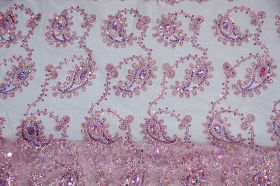 Pink Coco Paisley Fabric by the Yard | Paisley Lace with Metallic Sequins | Double Side Scallop Lace | 52" Wide | Decorative and Apparel |