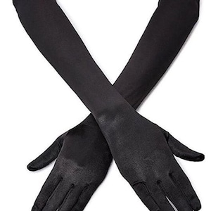 May include: A pair of long black satin gloves. The gloves are fully extended and the fingertips are visible.