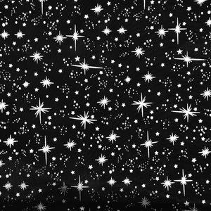 May include: A black background with a white star pattern. The stars are of different sizes and shapes, with some being more detailed than others.