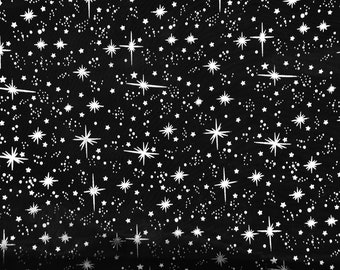 Black Shooting Star Foil Organza Fabric by the Yard x 60" Wide | Sheer Organza with Foil Silver Metallic Star  Overlays Bags Dresses Apparel