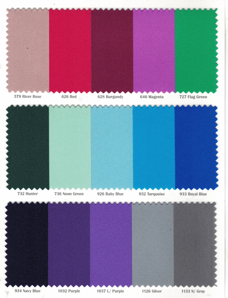 May include: A color chart with 15 fabric swatches in various colors, including river rose, red, burgundy, magenta, flag green, hunter, neon green, baby blue, turquoise, royal blue, navy blue, purple, light purple, silver, and gray. Each swatch is labeled with a number and color name.