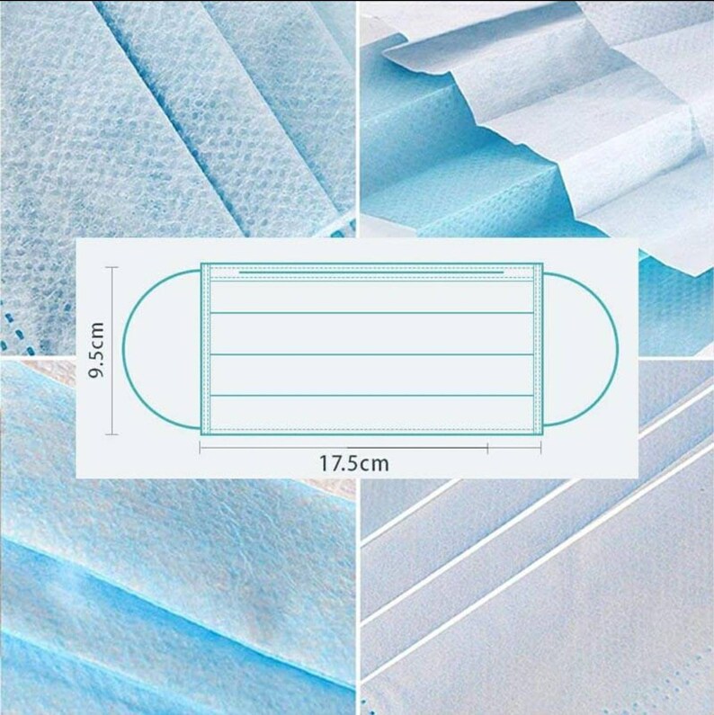 May include: A light blue disposable face mask with a white inner layer. The mask measures 9.5 inches by 17.5 inches.
