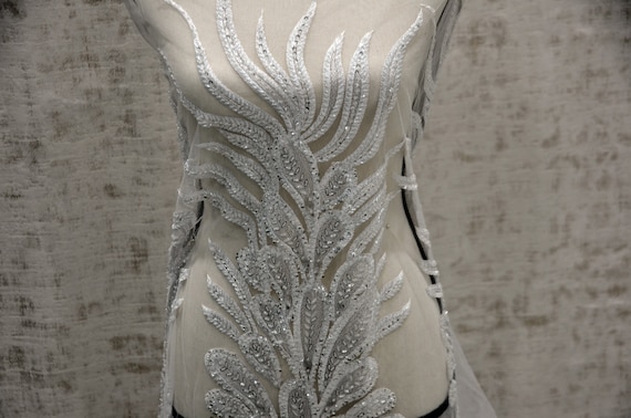 White Beaded Bridal Lace Fabric | White Beaded Lace Fabric | Beaded Lace Wedding Dress | Beaded Peal Lace | Sold by the 3 Panels about 34" |