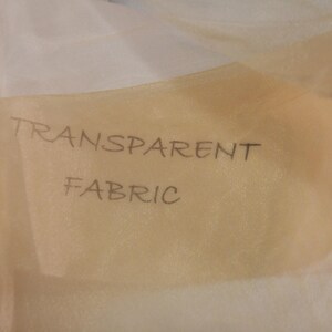 May include: A close-up of a piece of sheer, beige fabric with the words "TRANSPARENT FABRIC" written on it.