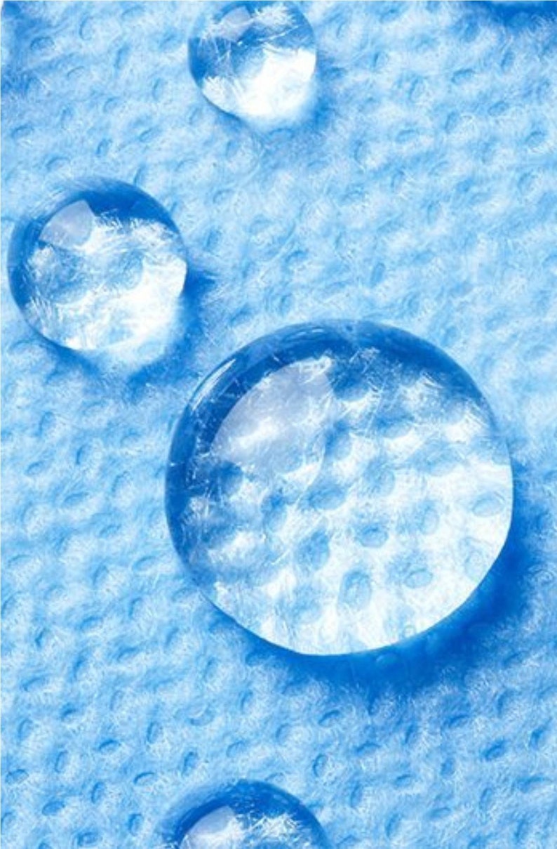 May include: Close-up of three water droplets on a blue textured surface. The droplets are clear and round, with a slight shimmer.