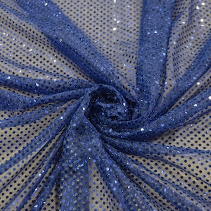 May include: Blue mesh fabric with small, shiny, blue sequins in a polka dot pattern.