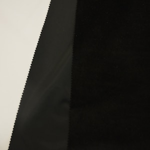 May include: Close-up of two black fabrics, one with a smooth satin finish and the other with a textured velvet finish.