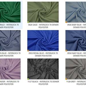 Puede incluir: Una colecci&oacute;n de muestras de tela en varios colores, incluyendo verde esmeralda, verde salvia, azul beb&eacute;, azul coppen, azul real, azul marino, lavanda, negro y gris. Cada muestra est&aacute; etiquetada con un nombre de color y el tipo de tela, "Interlock 70 Denier Polyester".