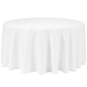 May include: A white round tablecloth with a smooth, wrinkle-free surface. The tablecloth is draped over a table and has a slight drape around the edges.