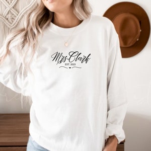 Future Mrs Hoodie with Custom Embroidered Sweatshirt: Date On Sleeve, Name On Neckline, Engagement Gift for Bride To Be, Wife Shirt