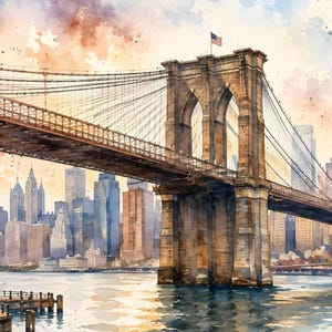 Brooklyn Bridge Wall Art, Brooklyn Bridge Watercolor Print, New York City Wall Art, New York Painting, Travel Decor, Framed Art Gift