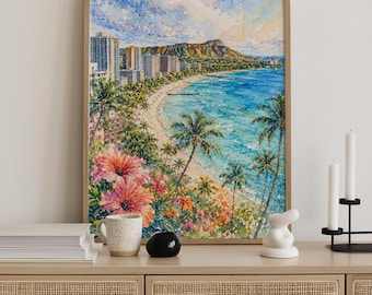 May include: A framed watercolor painting depicting a coastal city skyline with high-rise buildings, a sandy beach, and turquoise ocean water. The foreground features vibrant pink hibiscus flowers and palm trees, with Diamond Head mountain visible in the distance under a soft blue and white sky.