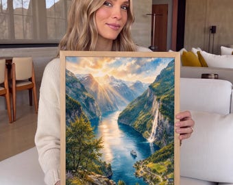 May include: A framed landscape painting depicting a deep blue fjord surrounded by steep, green mountains, a cascading waterfall, and snow-capped peaks under a golden sunlit sky, with a small boat floating on the water.