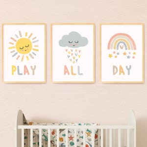 Sun Rainbow Cloud Printable,Play All Day Wall Art,Set Of 3 Baby Print,Let's Play Poster,Pastelcolor Nursery Quote Wall Art,Kids Room Print