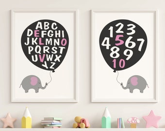 Alphabet Number Printable,Alphabet Wall Art Print,Counting Number Printable,Cute Elephant Print,Educational Nurser Poster,Kids Room Wall Art