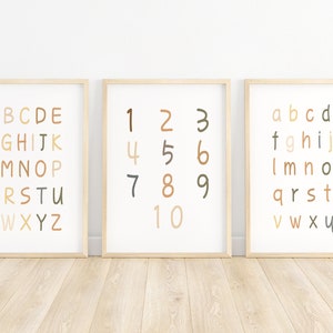 Neutral Alphabet Number Wall Art Printable,Set Of 3 Nursery Printable,Boho Alphabet Poster Printable,Kids Room Wall Art,Educational Wall Art