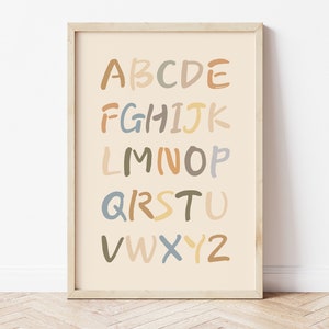 Neutraal alfabet afdrukbaar, minimalistische alfabet poster, vintage alfabet print, kinderen kamer kunst aan de muur, educatieve print, speelkamer poster, minimalistische